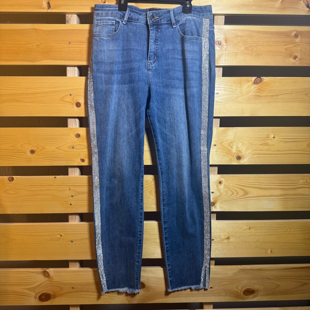 Frank Lyman Rhinestone Stripe Jeans Womens XL Blue Embellished Sparkly Glam